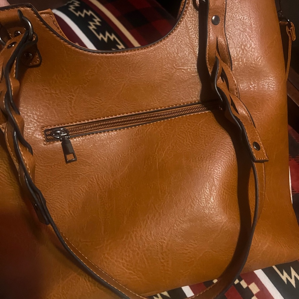Brown and White Cowhide Studded Shoulder Bag with Turquoise Accents - Picture 4 of 8